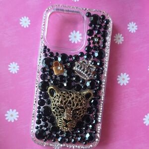 Iphone 14 Pro Case Luxury Black and Gold Leopard Phone Case